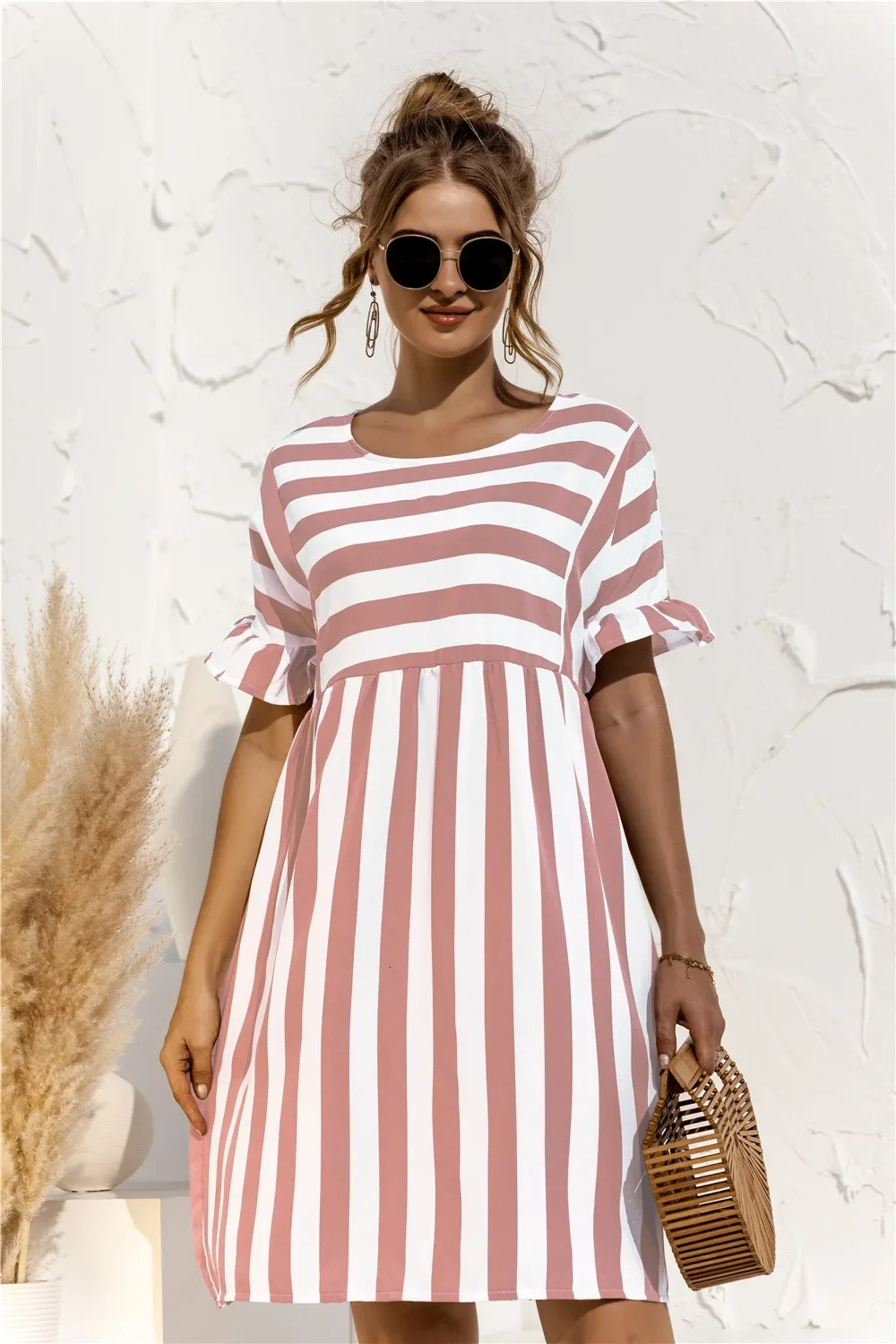 Women Summer Beach Dress Maternity Clothes Loose Striped Ruffles Sleeves Dresses Pregnancy Party Mini Sundress Vestidos 240326bj