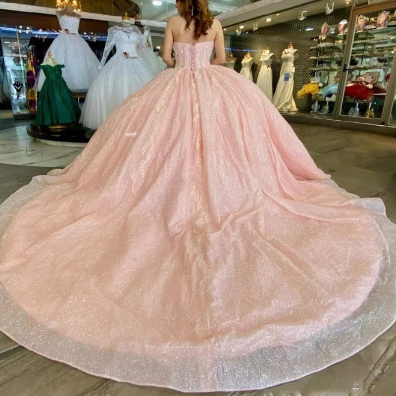 Pink Shiny Off The Shoulder Ball Gown Quinceanera Dresses Ruffles Sequined Appliques Lace Beads Corset Vestidos De 15 Anos Sweet 16 Dress