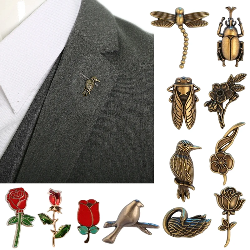Vintage Bronze Alloy Brooch for Men Flower Bird Bee Insect Animal Brooch Shirt Collar Pin Brooches Jewelry Clothing Decoration