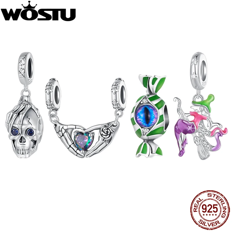 WOSTU 925 Sterling Silver Halloween Gift Skull Heart Pendant luminous Witch Charms Evil Eye Candy Beads Fit Bracelet DIY Neckace