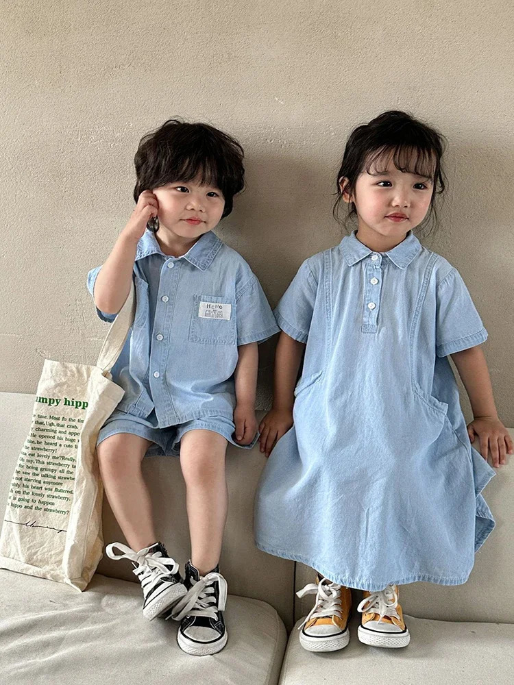 Cute Childrens Denim Suit 2024 Summer Korean Fashion Loose Short Sleeves Tops Shorts 2pcs Toddler Cotton Tees Suit Solid Color 240323