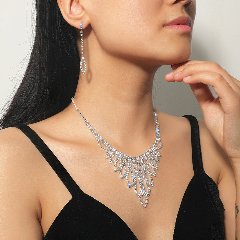 Geometric Rhinestone Necklace Earrings For Women Long Tassel Jewelry Sets Ladies Party Weddings Accessory 5