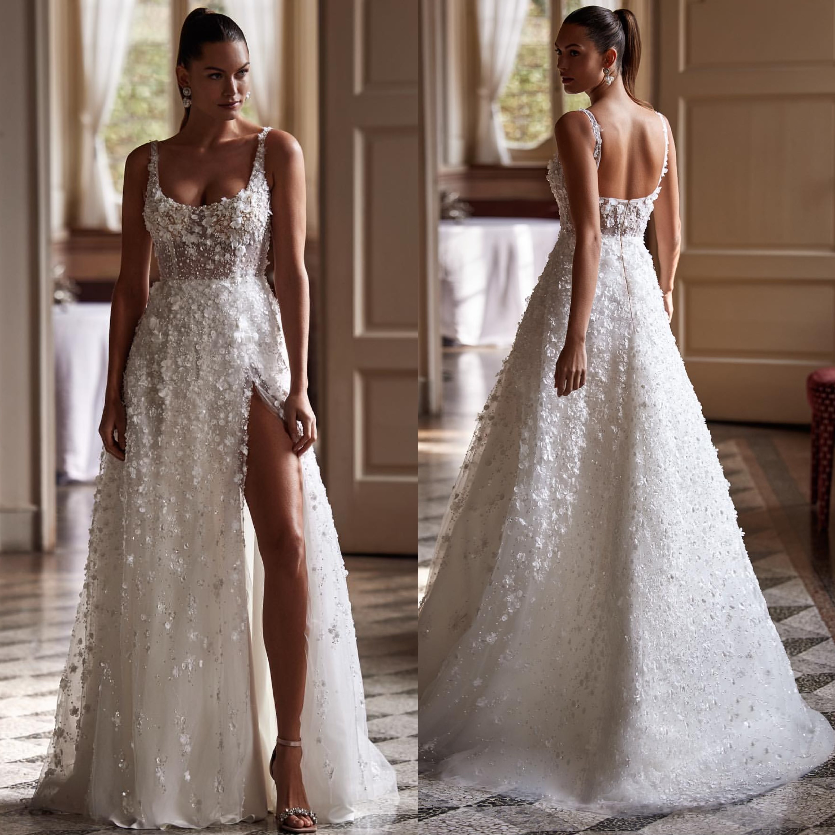Milla Nova A e Dress for bride straps lace appliques country Wedding Dresses backless pleats vestidos de novia split designer bridal gowns
