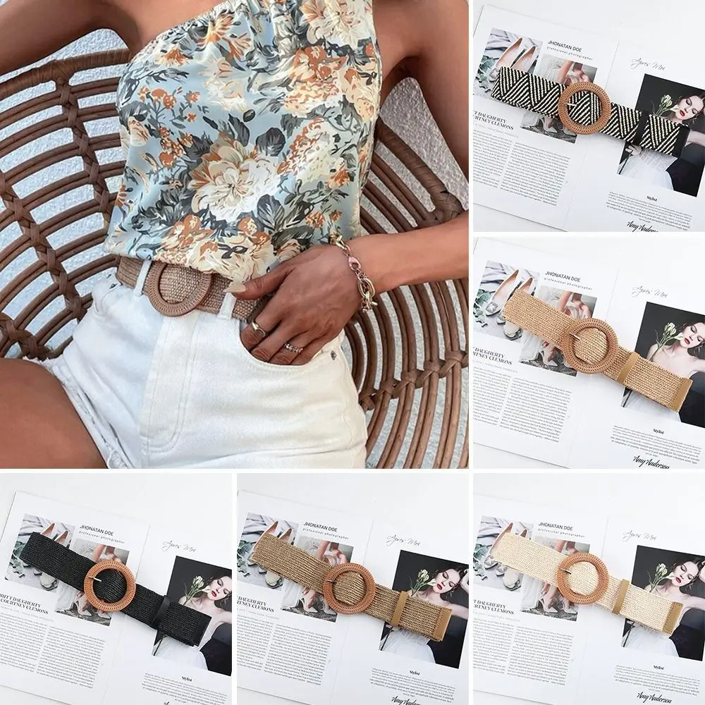 Summer Bohemian Women Elastic Waist Belt Straw Belt Braided Waistbelt Wide