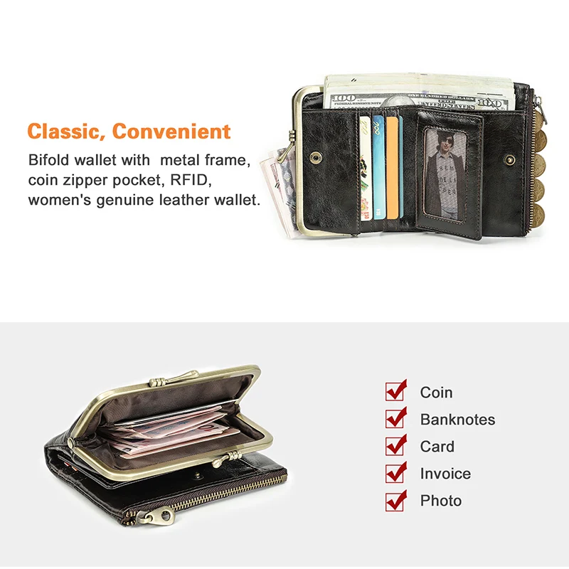 Genuine Leather Clutch Bag Women's Small Metal Frame Purse Clasp and Zipper Coin Pocket for Credit Card Holder Wallets