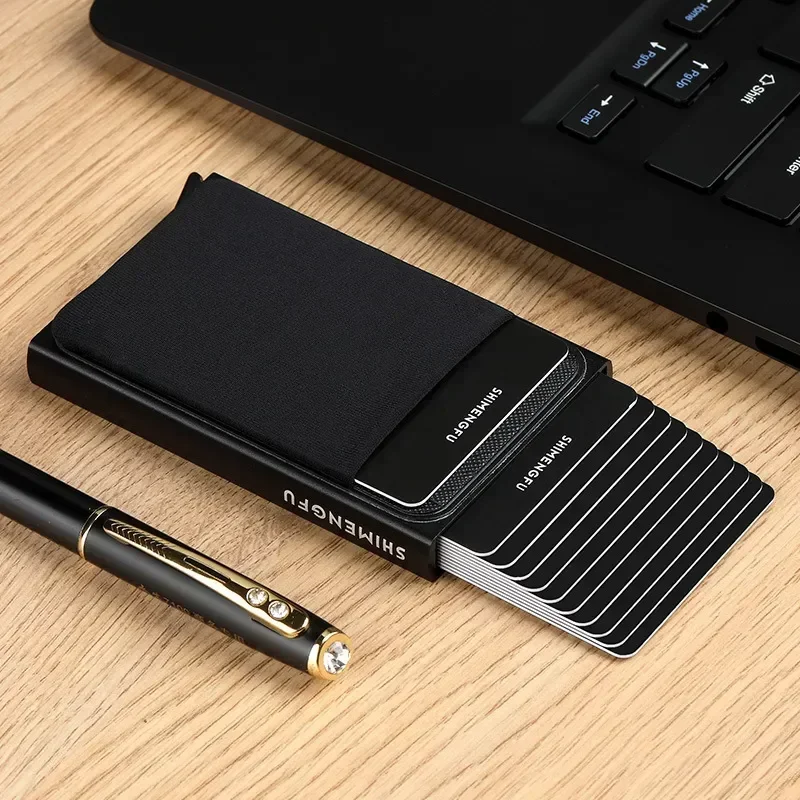 Slim with Aluminum Wallet Elasticity Back Pouch ID Credit Card Holder Mini RFID Wallet Automatic Pop Up Bank Card Case Men Purse smile