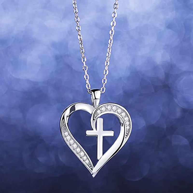 Huitan Creative Heart with Cross Design Pendant Necklace for Women Wedding Anniversary Party Statement Neck Accessories Jewelry