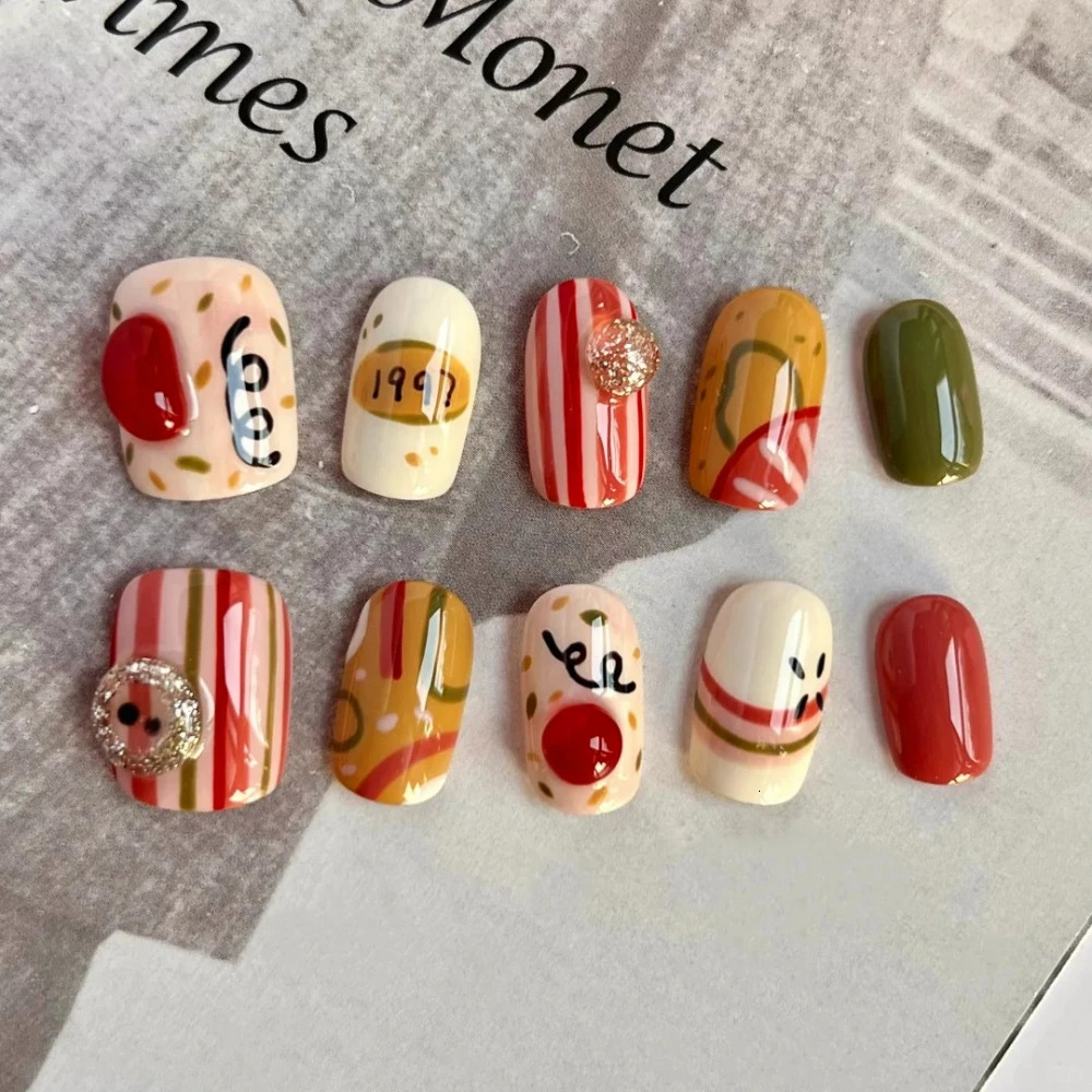 10 Handmade Pressing Nails Christmas Nails Cute 3D Snowman Short Square Limited Fake Nail n Art DIY Nail Set 241031