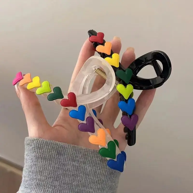 AWAYTR New Women Rainbow Love Large Hair Claw Clip Elegant Ponytail Hair Crab Shark Clip Girls Hairpin Clips Hair Accessories