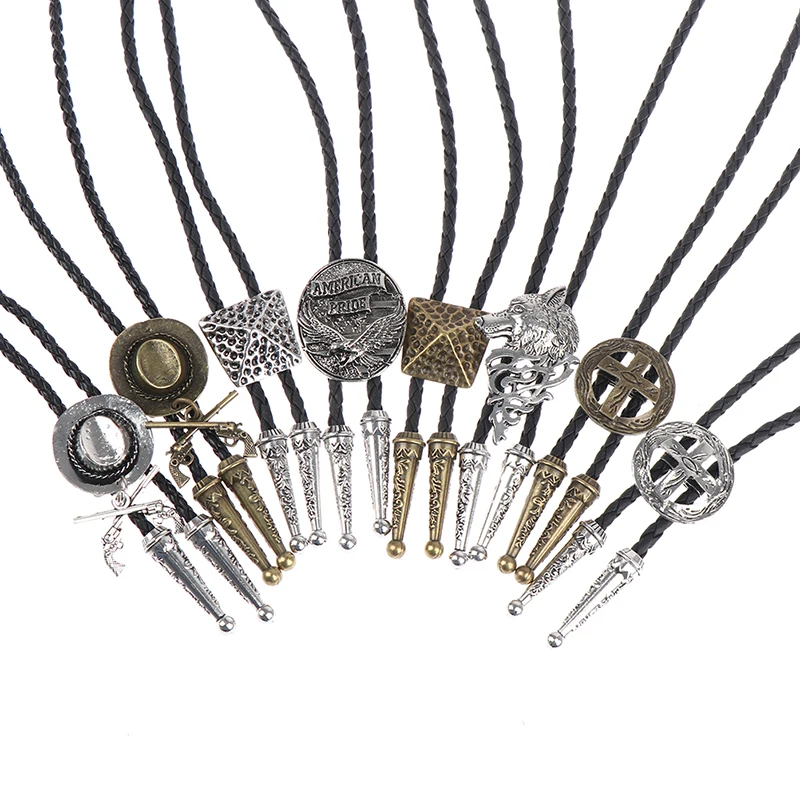 Vintage Cowboy Hat Alloy mens bolo tie Leather Rope Long Necklace