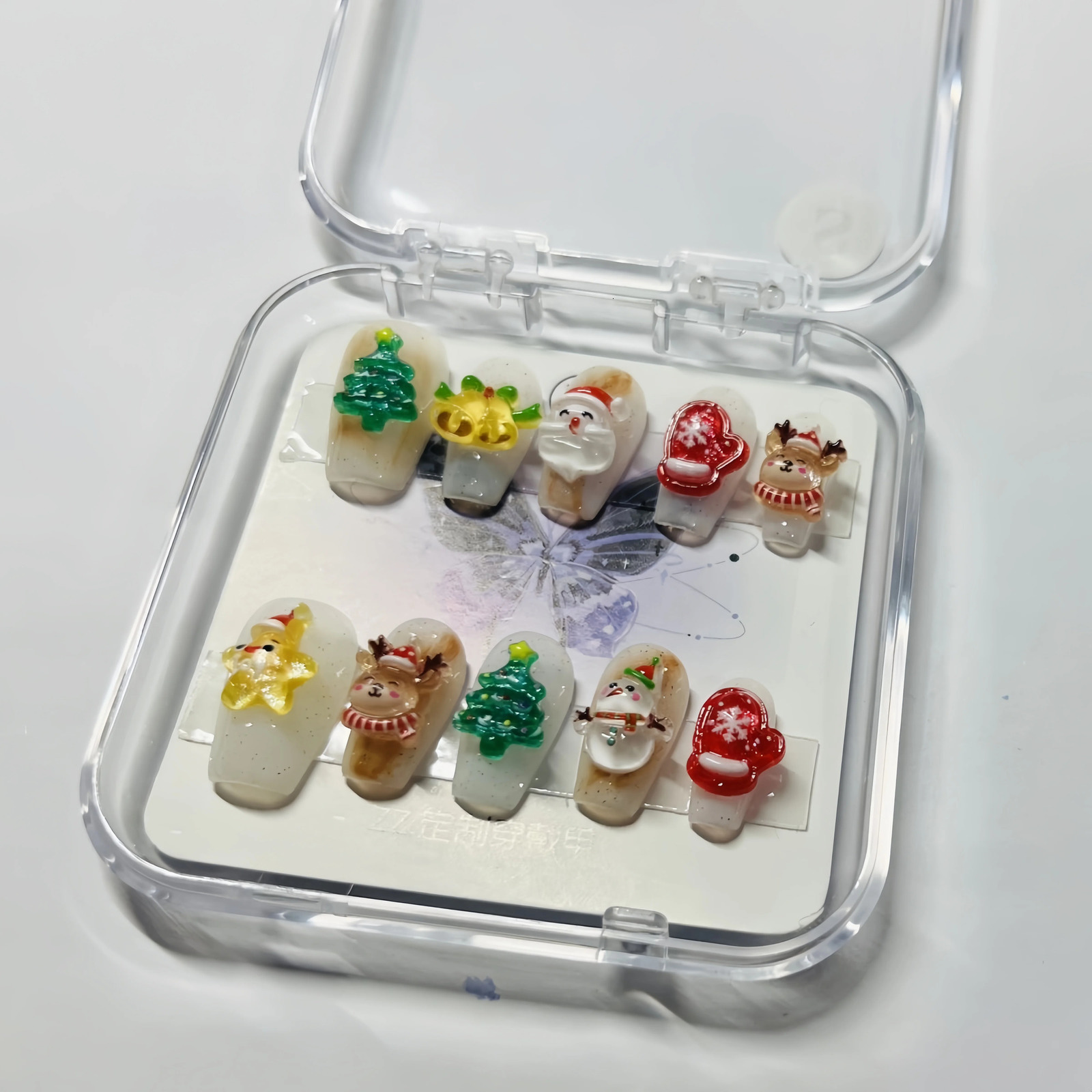 10 piece handmade Christmas tree nail snowman n wearable 3D cartoon short fake nail girl Christmas gift set 241031