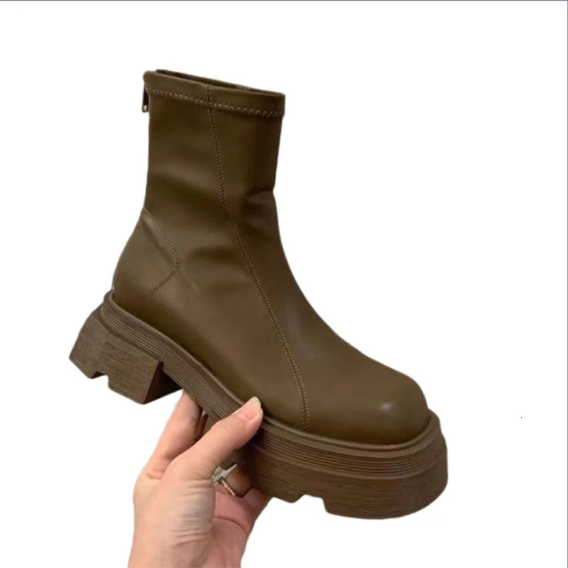 Ankle Mid Heels Winter New Fashion Platform Zipper Goth Casual Motorcycle Boots Women Thick Shoes