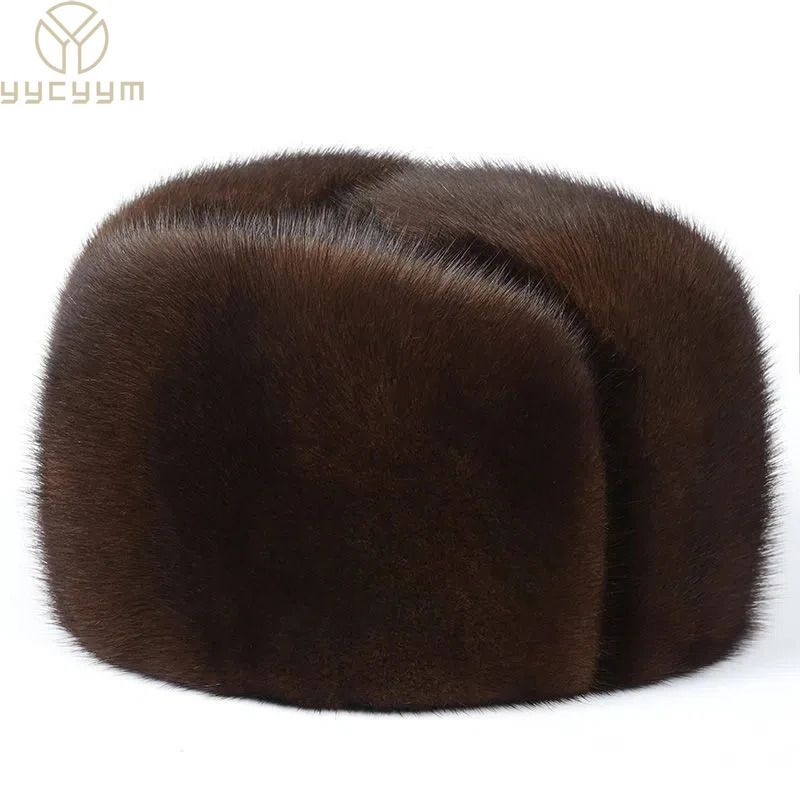 Winter Neutral True Mink Bomber Hat Mens Genuine Leather Marten Head Warm Black/Brown Hat 241031