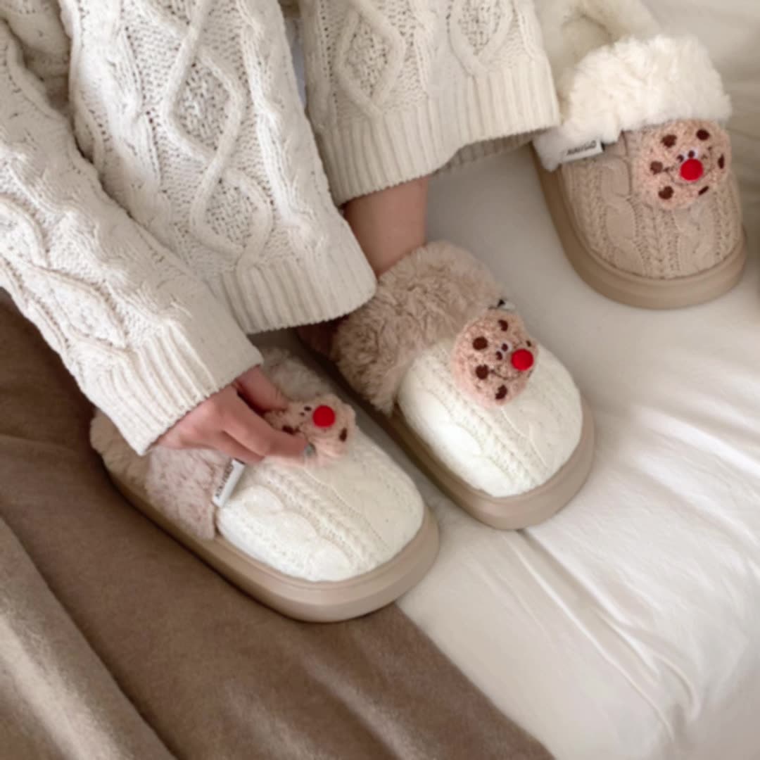 Women's winter trend Red Nose cookies Fluffy cotton slippers Warm and fun cotton slippers for the home bedroom in winter