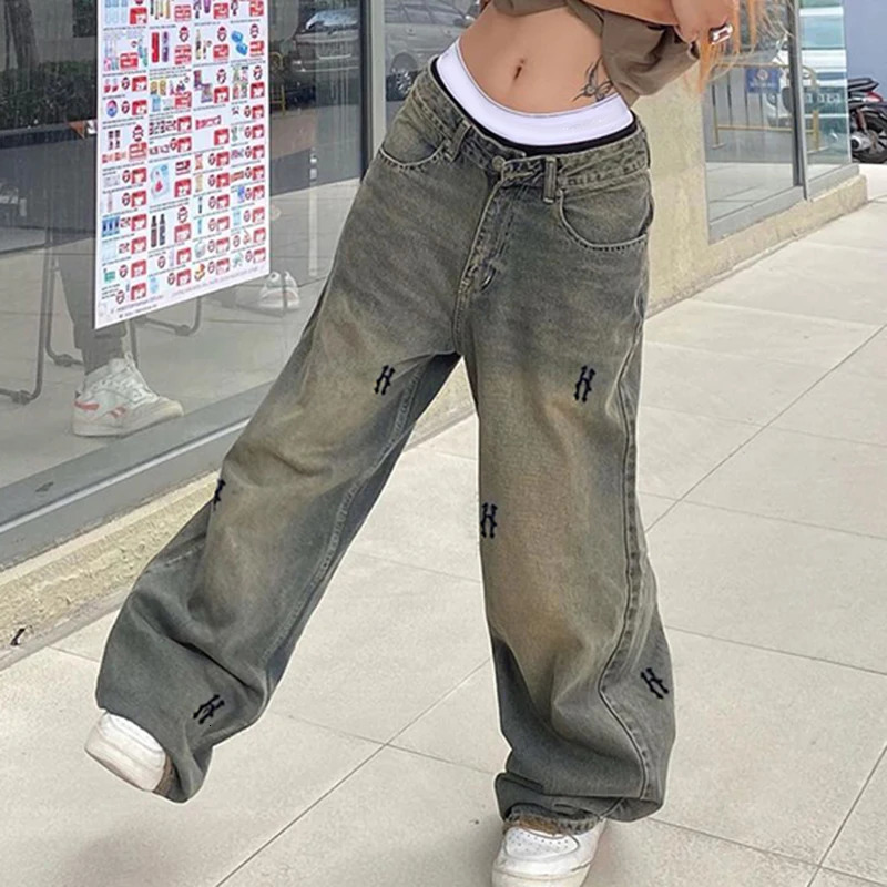 Rockmore Baggy Womens Jeans Streetwear Y2K Straight Pants Low Rise Wide Legs Harsh Denim 90s Retro Korea 241031