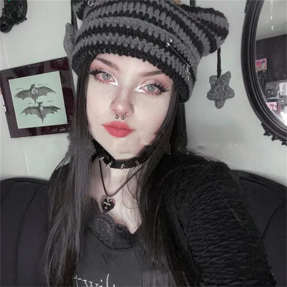 Y2K Crochet Stripe Pattern Cat Ear Hat Handmade Soft Winter Warmer Knitted Hat Cold Winter Presents for Students Teenagers