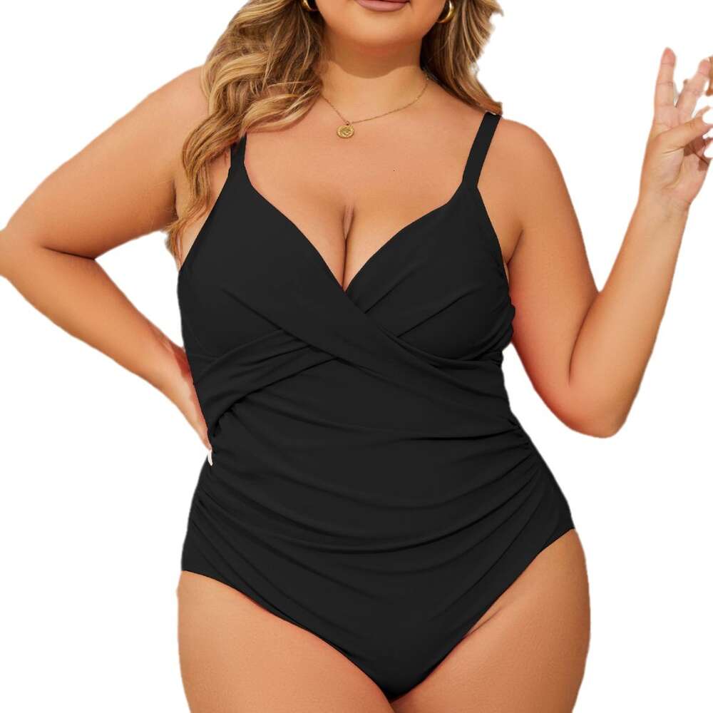 Large Size Swimsuit with Added Fat and Solid Color, Gathered Nylon Style, Buttocks Wrapped New Style