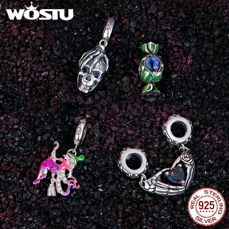 WOSTU 925 Sterling Silver Halloween Gift Skull Heart Pendant luminous Witch Charms Evil Eye Candy Beads Fit Bracelet DIY Neckace