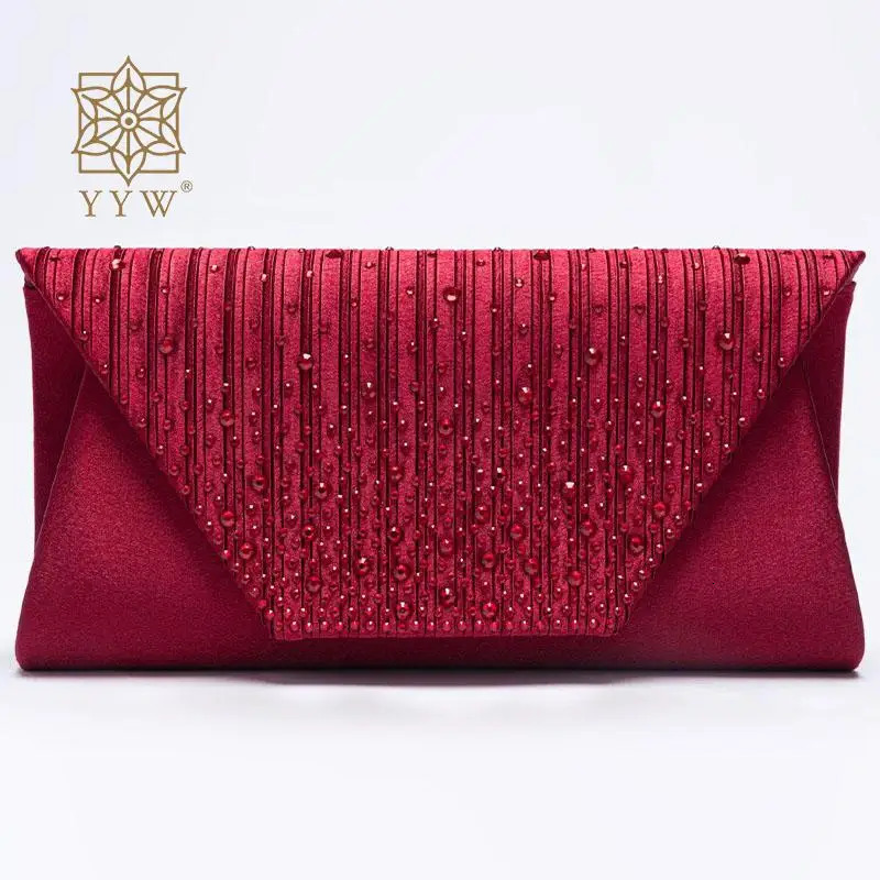 Wine red clutch handbag colorful rhinestone bead envelope bag womens evening wedding banquet shoulder bag pleated satin bag 241031