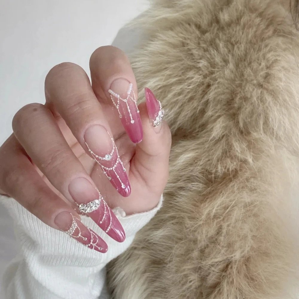 10 handmade items long almond fake nails French pink Christmas and Year limited edition nails nail n with set 241031