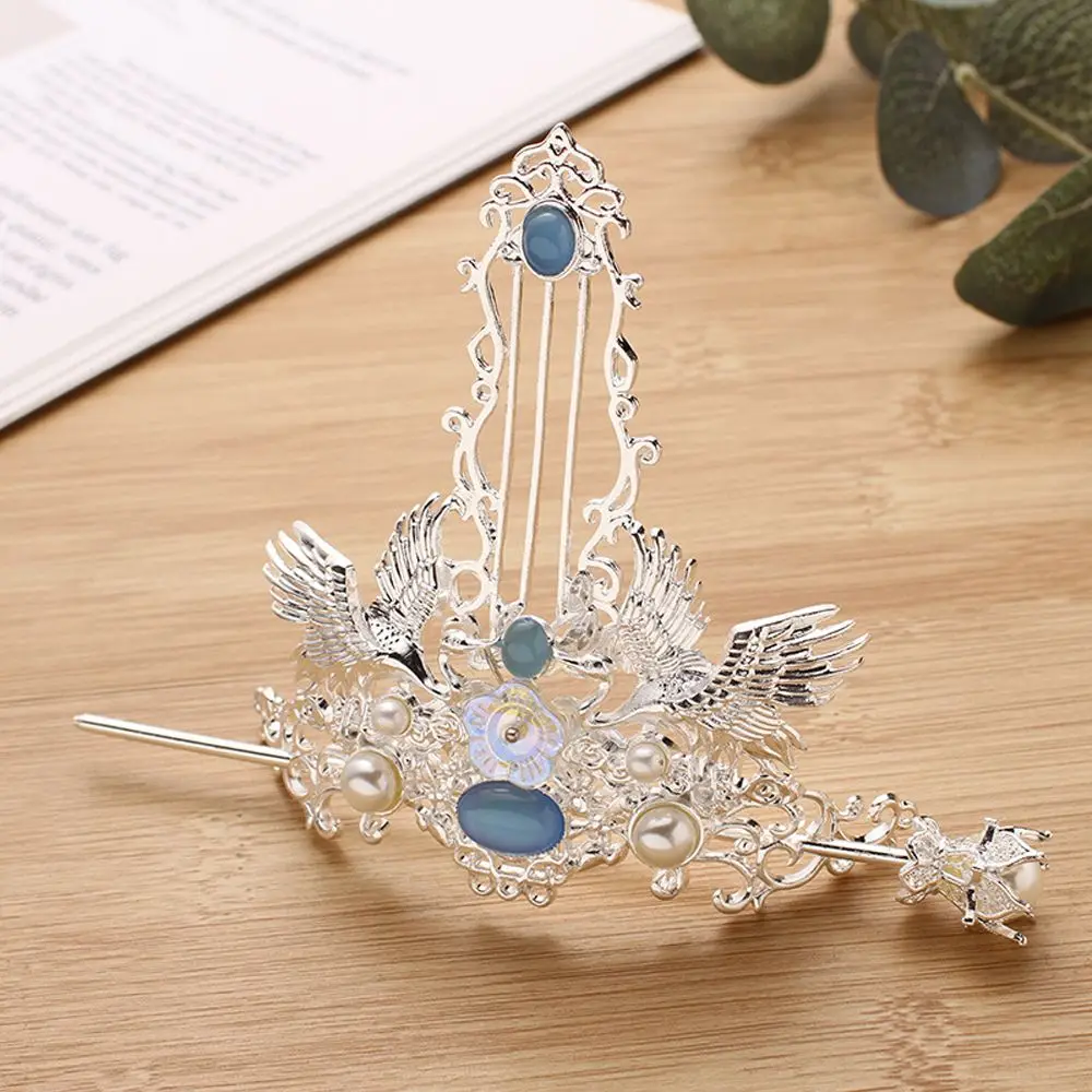 New Ancient Style Hair Crown Chinese Hanfu Hairpin Gem Crane Simple Hair Stick For Bride Wedding Temperament Hair Accessories
