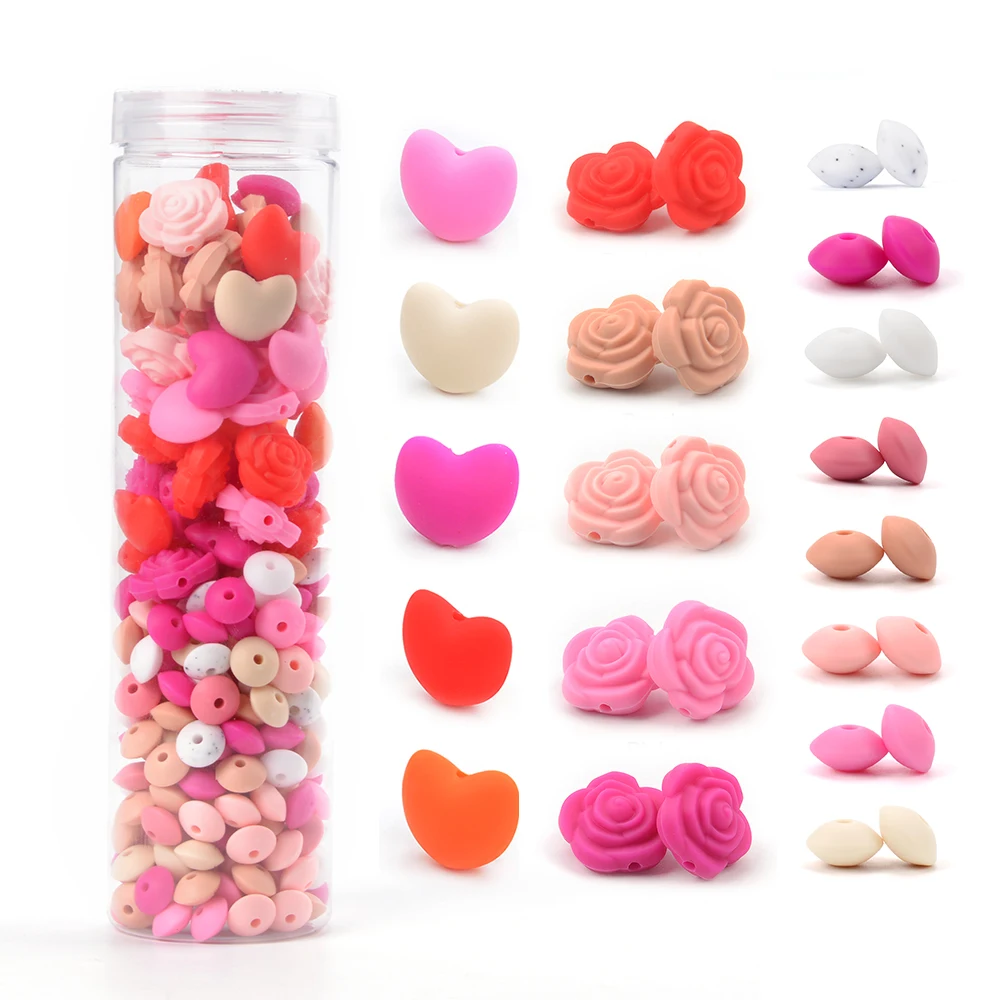 LOFCA Canned Silicone Bead Heart Shape 290pcs Charm Teether Baby Jewelry Nursing Oral Care Pacifier Holder Necklace Valentine