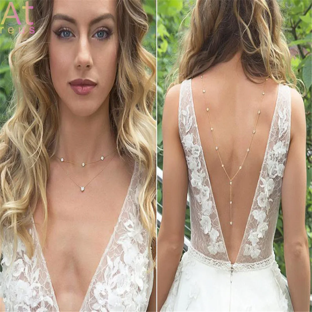 Crystal Choker Necklace For Women Wedding Back Long Tassel Drop Chain Sexy Back Body Chain Gold Color Rhinestone Body Jewelry