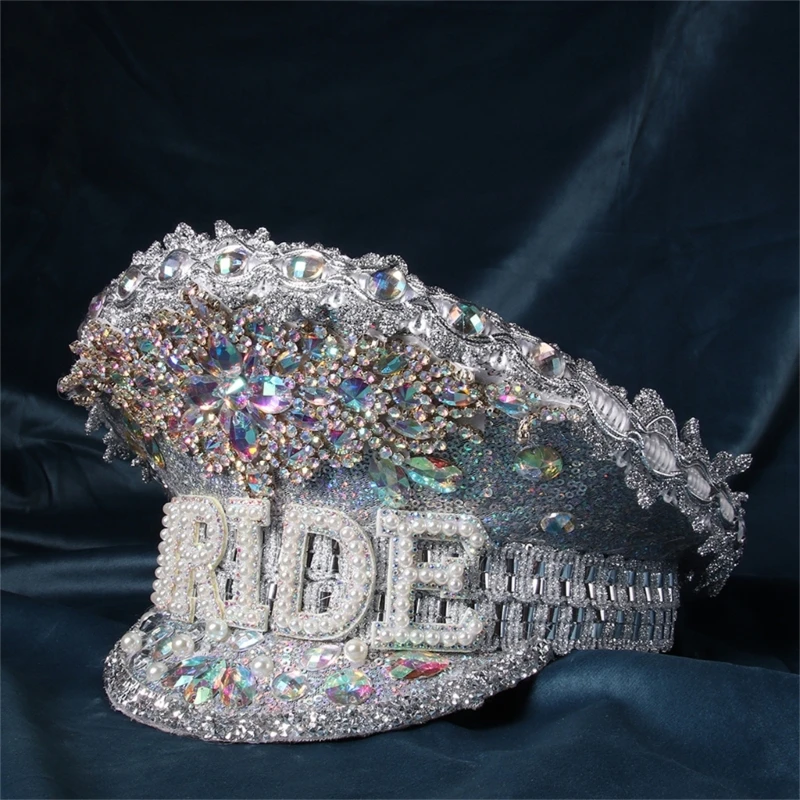 Rhinestones Bridal Hat for Wedding Glittering Fedora Sequin Hat Novelty-Party Hat Holiday Captain Hat for Bridal Shower
