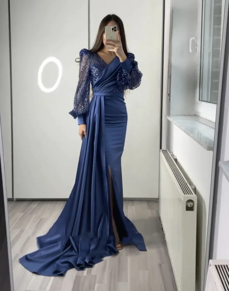 Champagne Sequin Mermaid Evening Dresses V-Neck Glitter Prom Dresses with Long Puffy Sleeves Satin Formal Wedding Party Gowns
