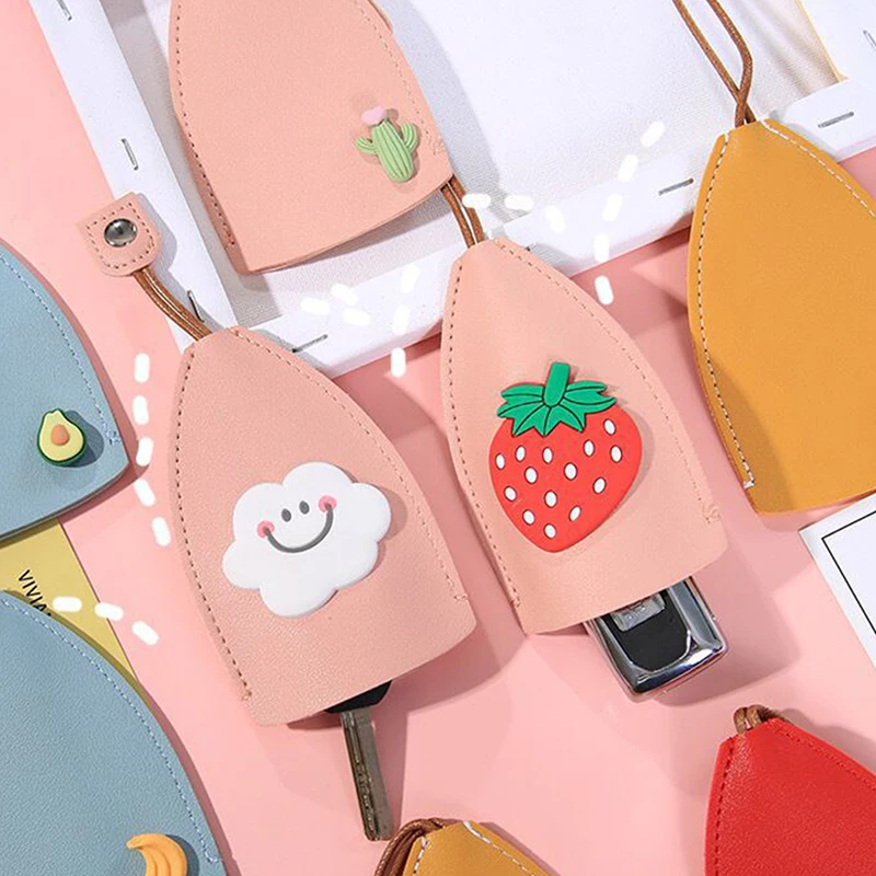 Cute PU Leather Car Key Case Holder Creative Fruit Pull Out Key Sleeve Large Capacity Keychain Pouch Keychain Organizer