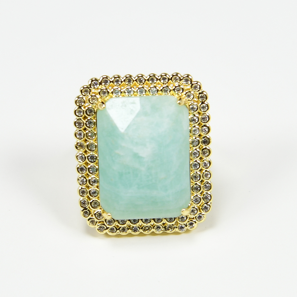 G-G Natural Amazonite Rectangle Cz Pave Ring Gold Plated Adjustable Ring