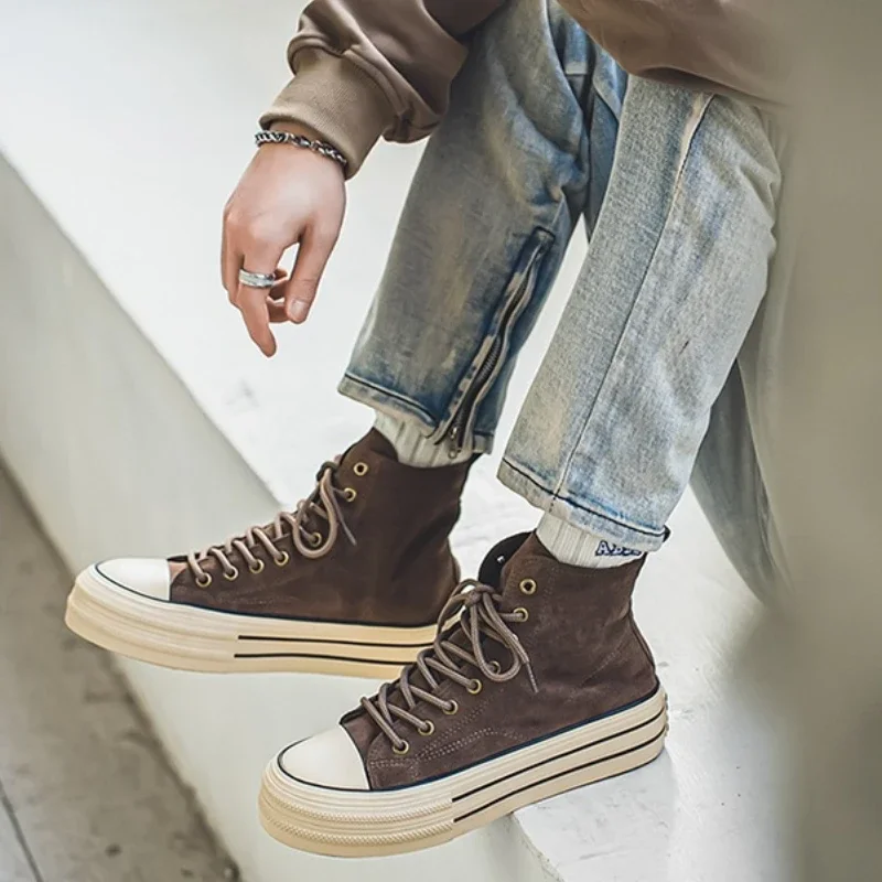 Men Casual Height Increasing Canvas Shoes Solid Color Vintage Harajuku Style Skateboard Shoes Round Toe Lace Up Walking Shoes