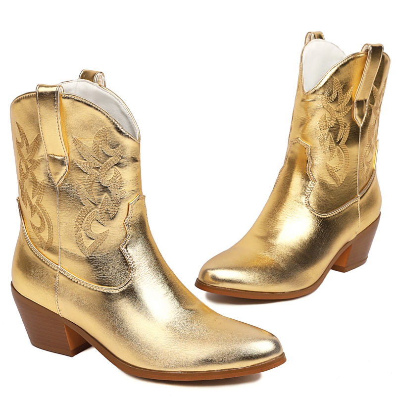 Luxury Gold Silver Ankle Boots Shoes For Women 2023 Trends Autumn Winter White Pink Cowboy Boots Party Shoes Ladies Large Size