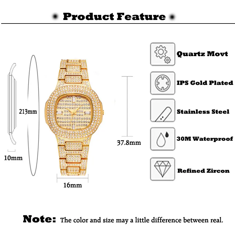 36mm Quartz Watch For Women Luxury Gold Full Diamond BlingBling Iced Ladies Watches Mini Square Dial Clock Female Drsopshipping
