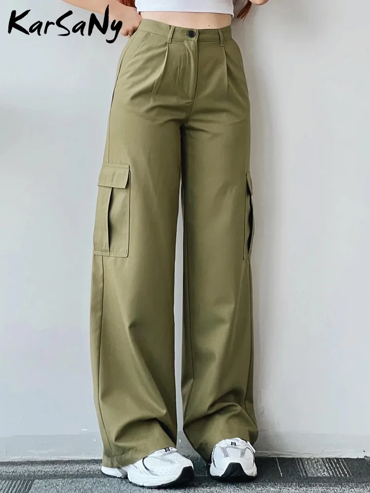 KarSaNy White Cargo Pants For Woman Casual Pockets Trousers Straight Apricot Wide Leg Sweatpants Women Cargo Pants Side Pocket