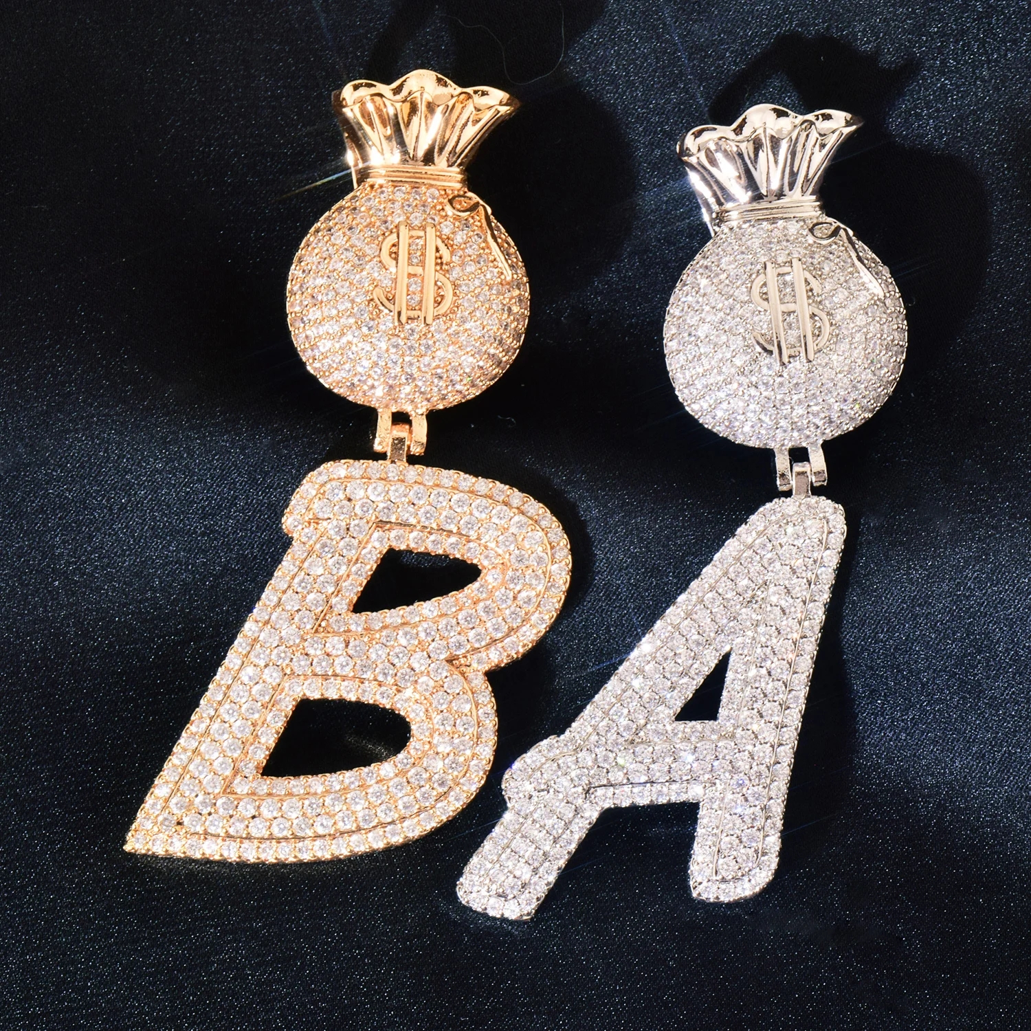Dollar Bag Bail Initial Letters Pendant Iced Out Cubic Zirconia Gold Silver Color Necklace Chain Men Women Hip Hop Jewelry