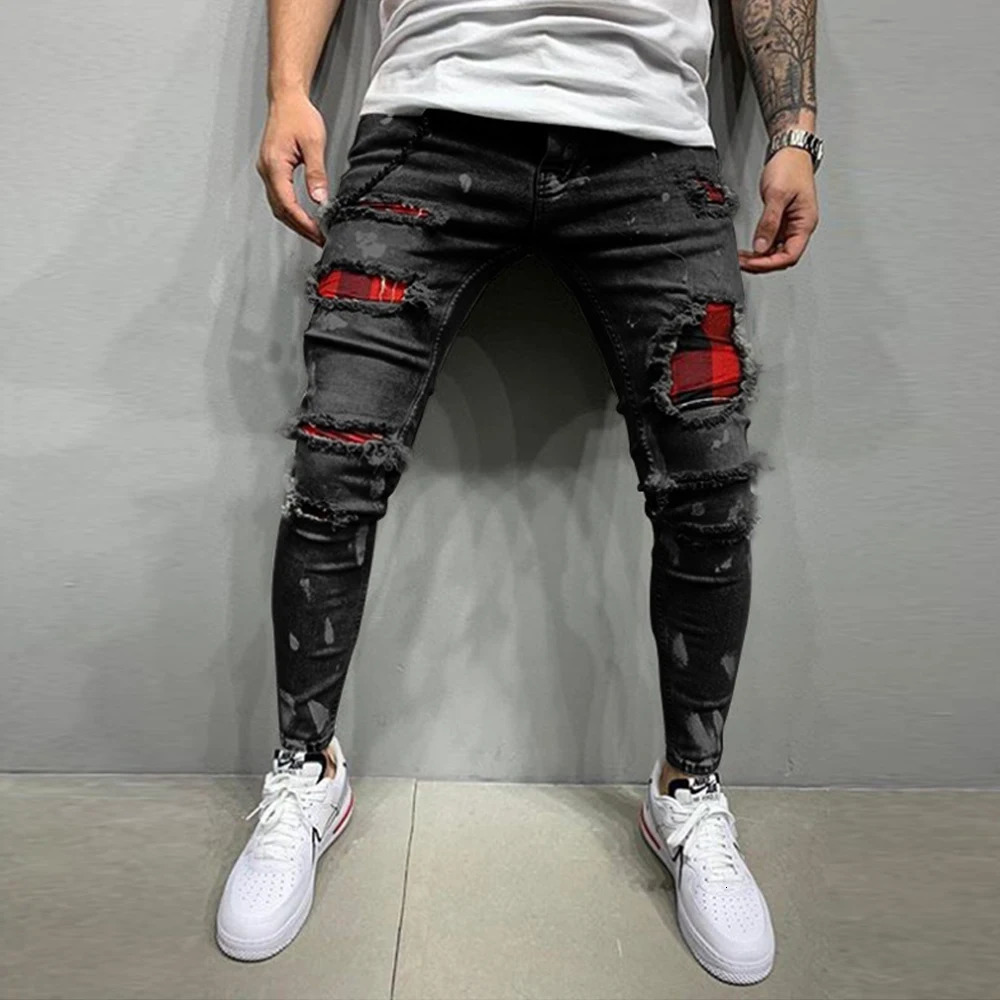 Mens Vintage Streetwear Paneled Ripped Casual Denim Pants European and American Zipper Skinny Jeans 240319