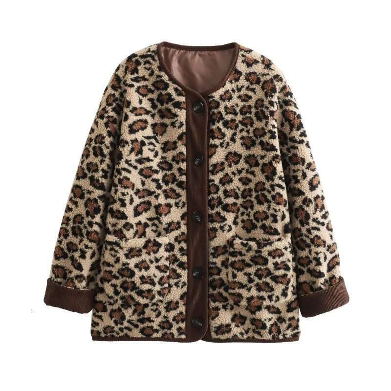 Women's European and American leopard print windbreaker casual loose cardigan jacket long sleeved warm thickened pocket button designer jacket