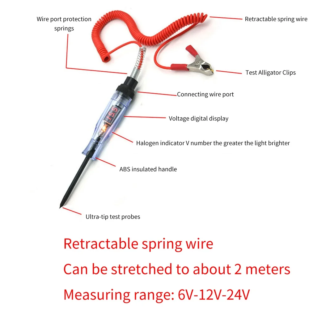 Voltage Electric Circuit Tester DC 6V 12V 24V Digital Display Long Probe Pen Light Bulb Automobile Diagnostic Tools Auto Repair
