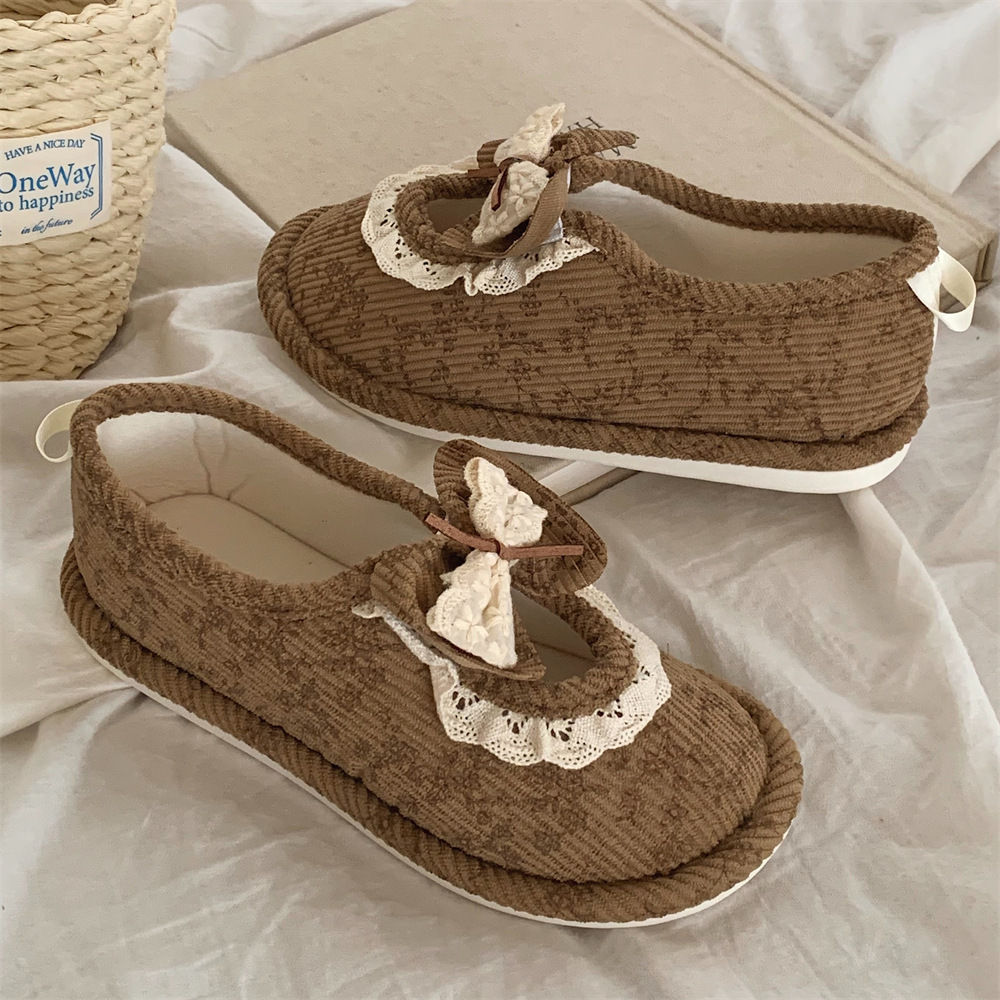 Vintage lace bow Family Slippers Women Girls Cute fluffy winter warm plush indoor flats Bedroom slide casual women's cotton slippers