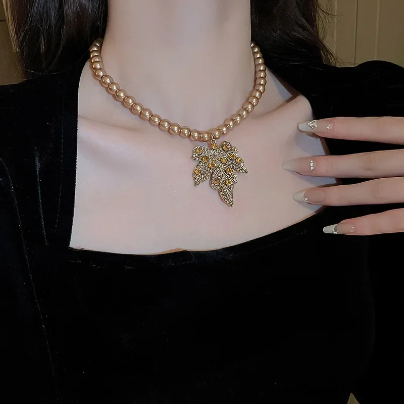 Vintage Champagne Pearl Necklace Maple Leaf Crystal Earrings For Women Party Banquet Jewelry Sets