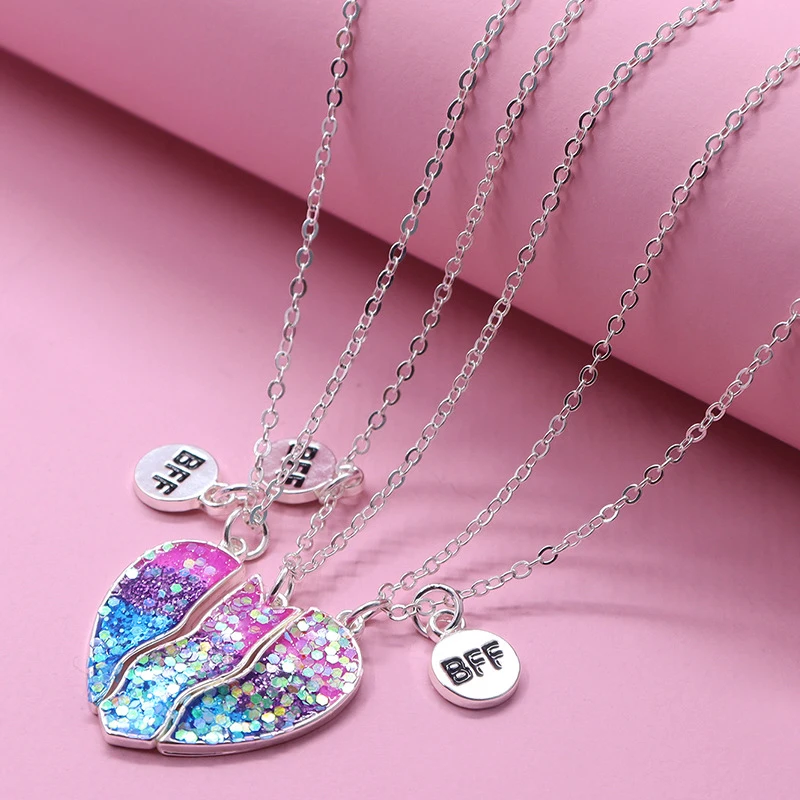 Qpeach 3Pack Heart Flower Butterfly Star Glitter Pendant Best Friend Girls BFF Necklace of 3 for Kids Friendship Jewelry Gifts