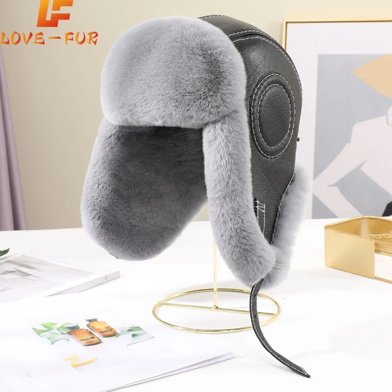 Fashion Mens Genuine Rex Rabbit Fur Bomber Hat Wusanka Hat Hunter Russian Mens Ski Hat Genuine Sheepskin Winter Warmth 241031