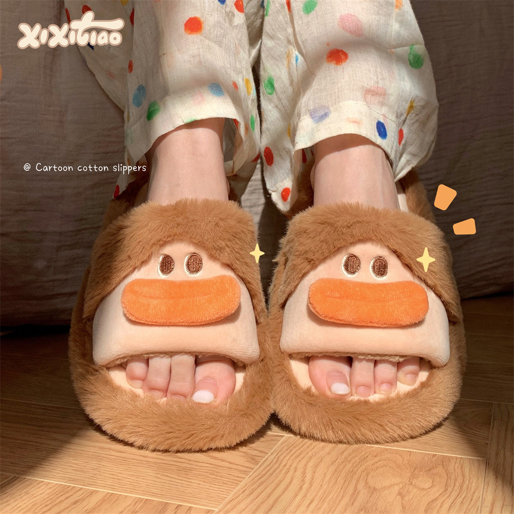 Women's winter trend creative fun sausage mouth fluffy cotton slippers home bedroom warm and interesting cotton slippers in winter