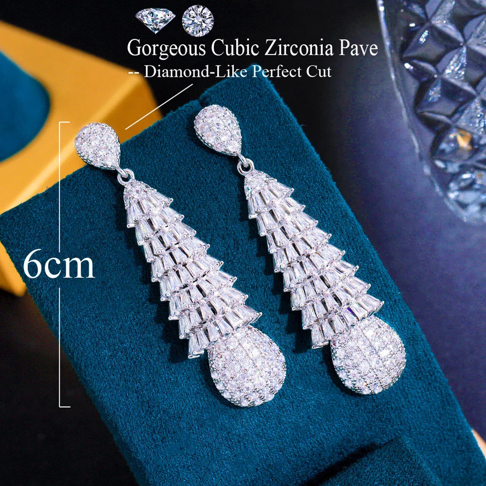 Pera Fashion White CZ Pave Long Christmas Tree n for Women Brides Wedding Boucle doreille Women E390 Pendant Earrings 241031