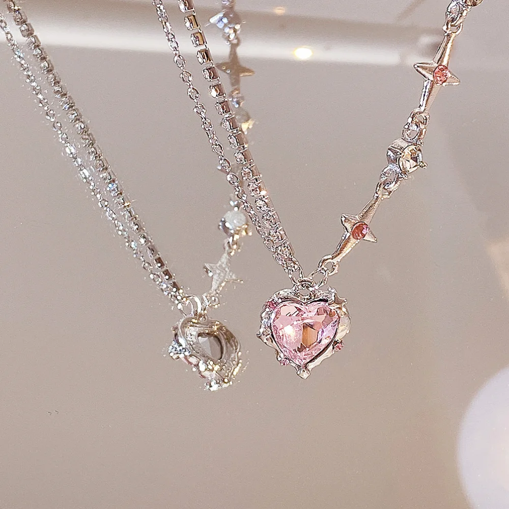 Shiny Y2K silver Color Heart Neclace Pendant for Women Girls Cute Deilicated Hollow Love Heart Clavicle Chain Necklaces Jewelry