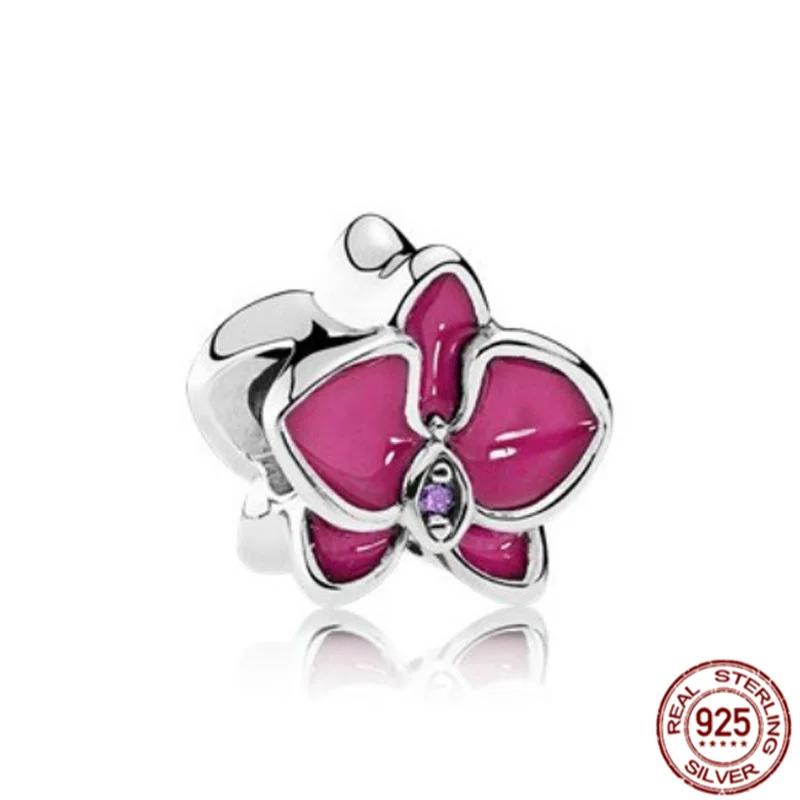 925 Sterling Silver Moth Orchid, Rose, Daisy Flowers Pendant Green Clover Charm Beads Fit Original Pandora Bracelet DIY Jewelry