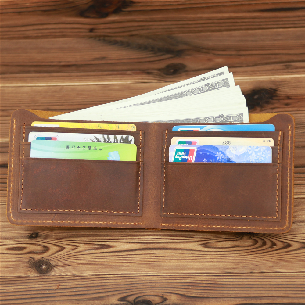 Genuine Crazy Horse Leather for Men Short Wallet Vintage Male Small Purse Luxury Brand Designer Man Credit Card Holder Wallets