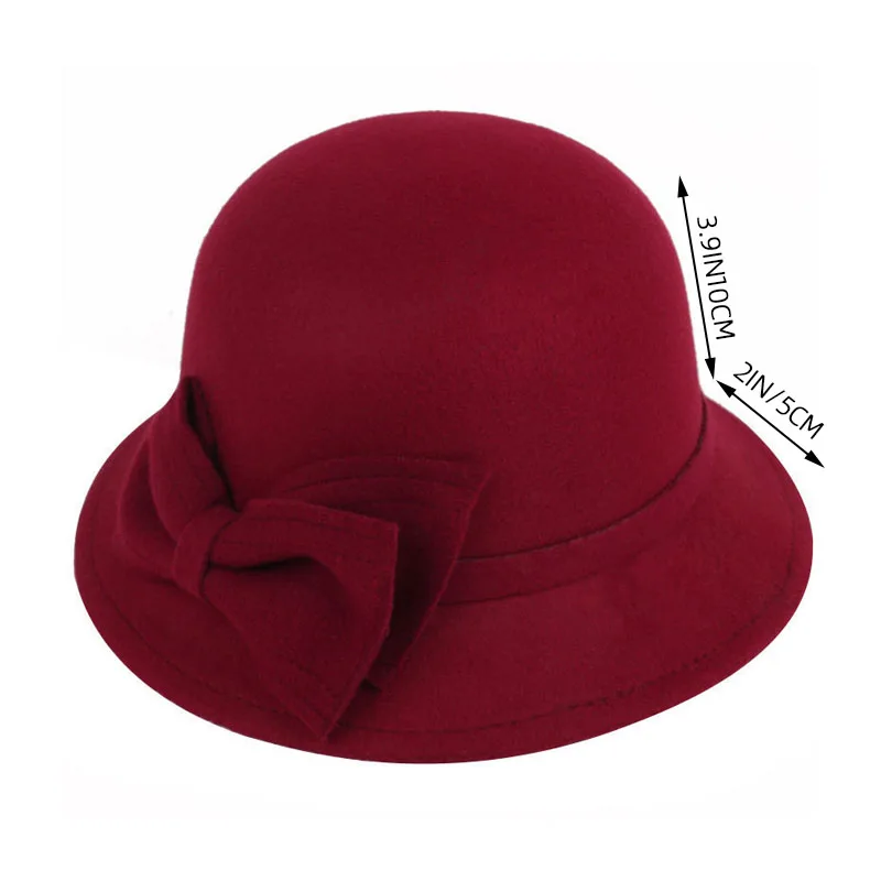 Vintage Women Bucket Cap Solid Bow Woolen Felt Fedoras Hat Female Winter Autumn Ladies Dome Felt Wedding Church Jazz Caps Bowler