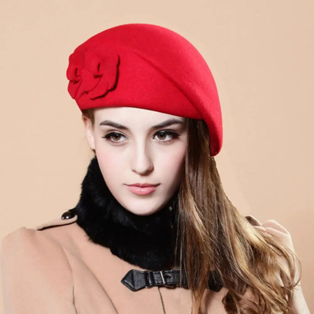 Good-looking Women Hat Felt Beret Hat Dual Flowers Decor Cold Resistant Windproof Winter Female French Beanie Cap